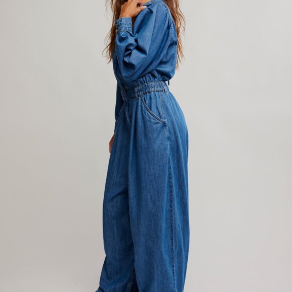 Free People CLARA DENIM JUMPSUIT GOING STEADY Going Steady Size XL - Picture 3 of 5